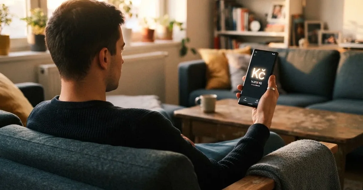 Mladý muž sedí doma na pohovce a soustředěně drží chytrý telefon oběma rukama při zadávání čísla.