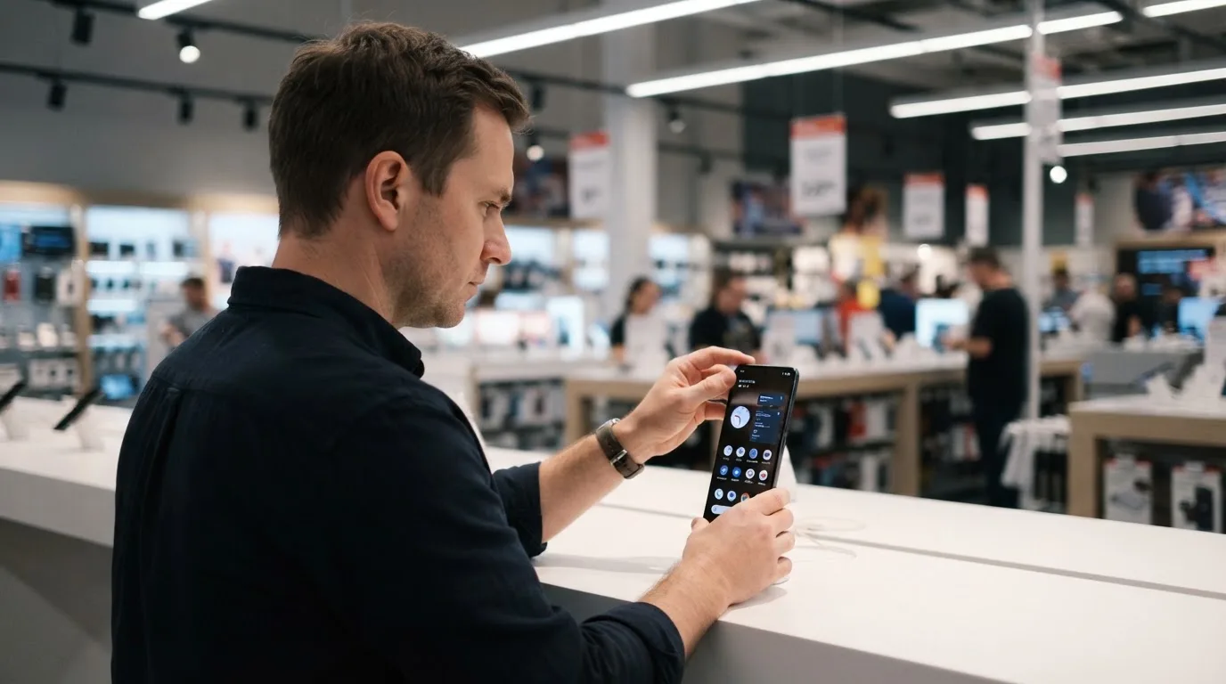 Muž stojí v obchodě s elektronikou a srovnává dva modely telefonů na výstavním pultu.