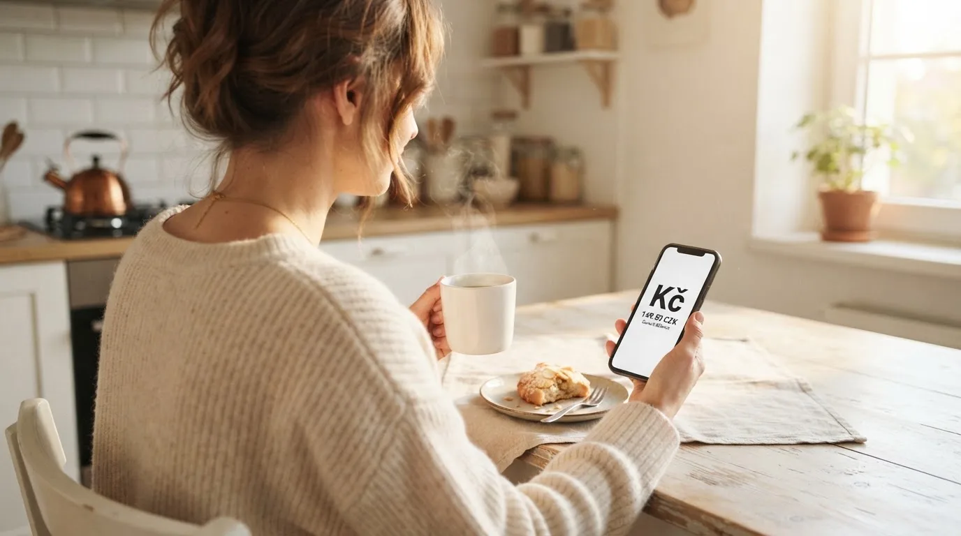 Žena u kuchyňského stolu ráno usrkává kávu a v druhé ruce svírá mobilní telefon.